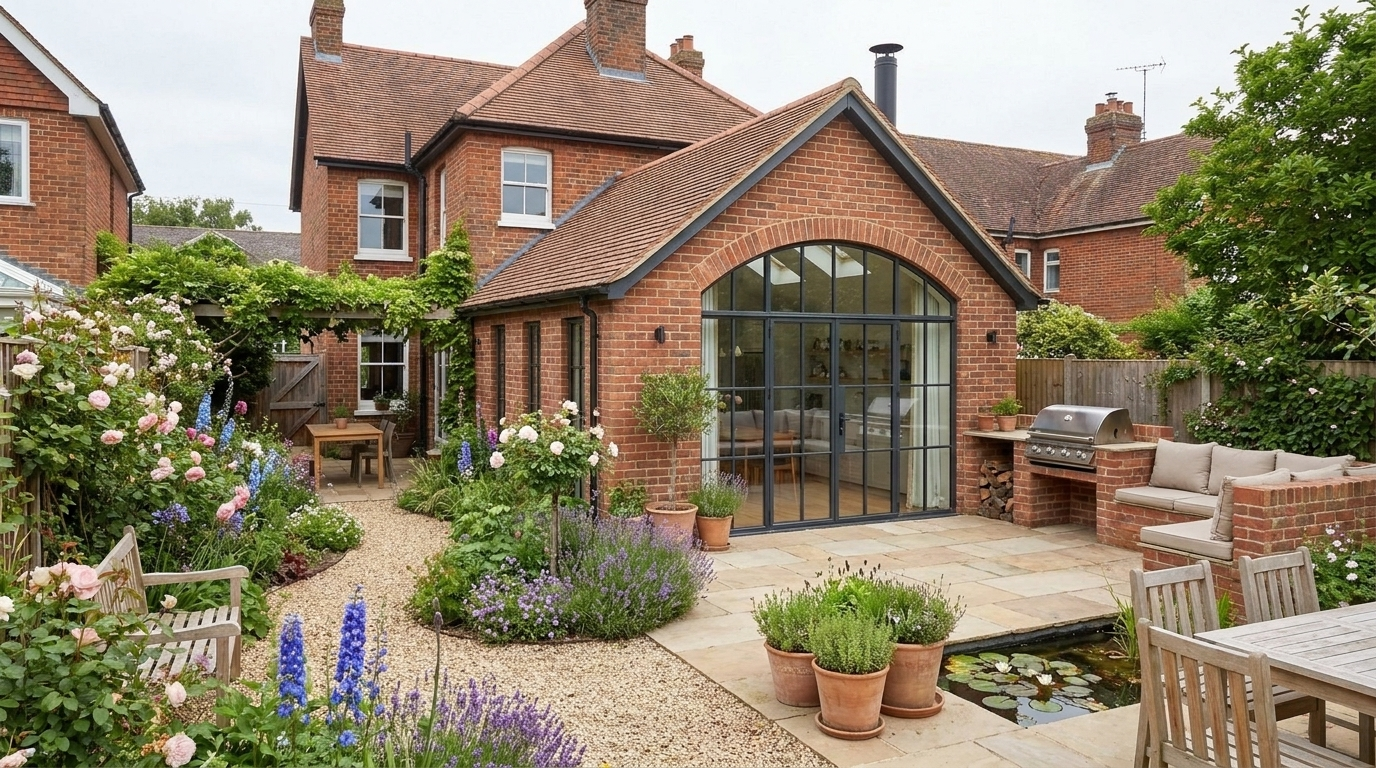 Brick gabled garden extension with an arched black-framed glazed opening and planted courtyard