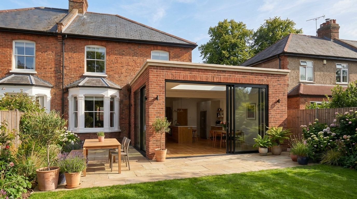 Contemporary rear house extension opening onto a landscaped garden