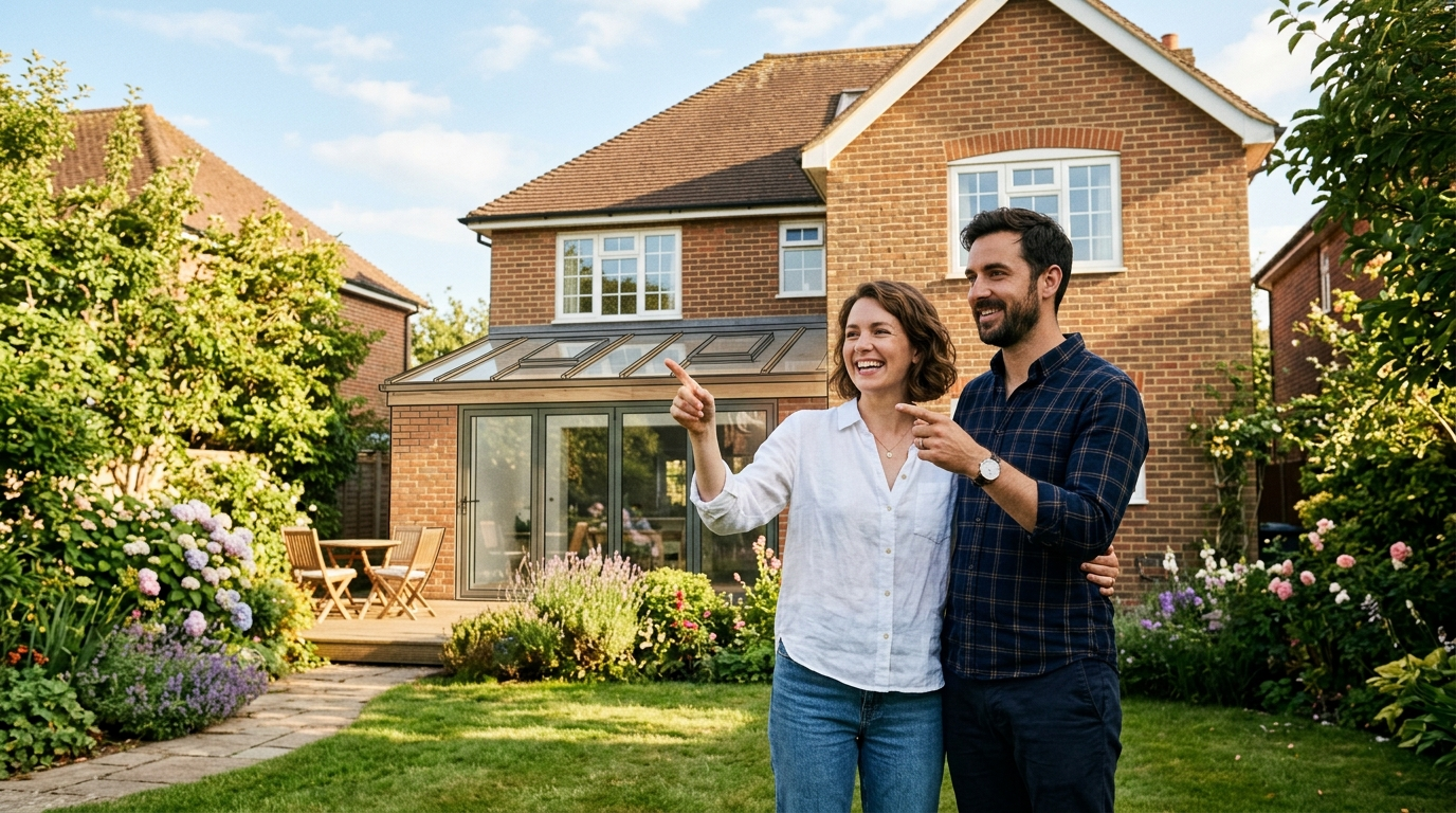 Homeowners enjoying the garden beside a glazed brick house extension