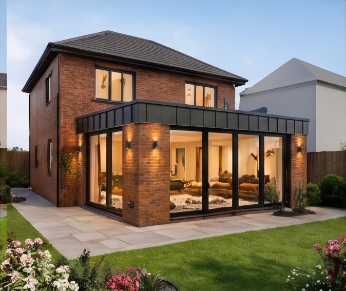 Contemporary brick extension with dark zinc fascia and broad corner glazing at dusk