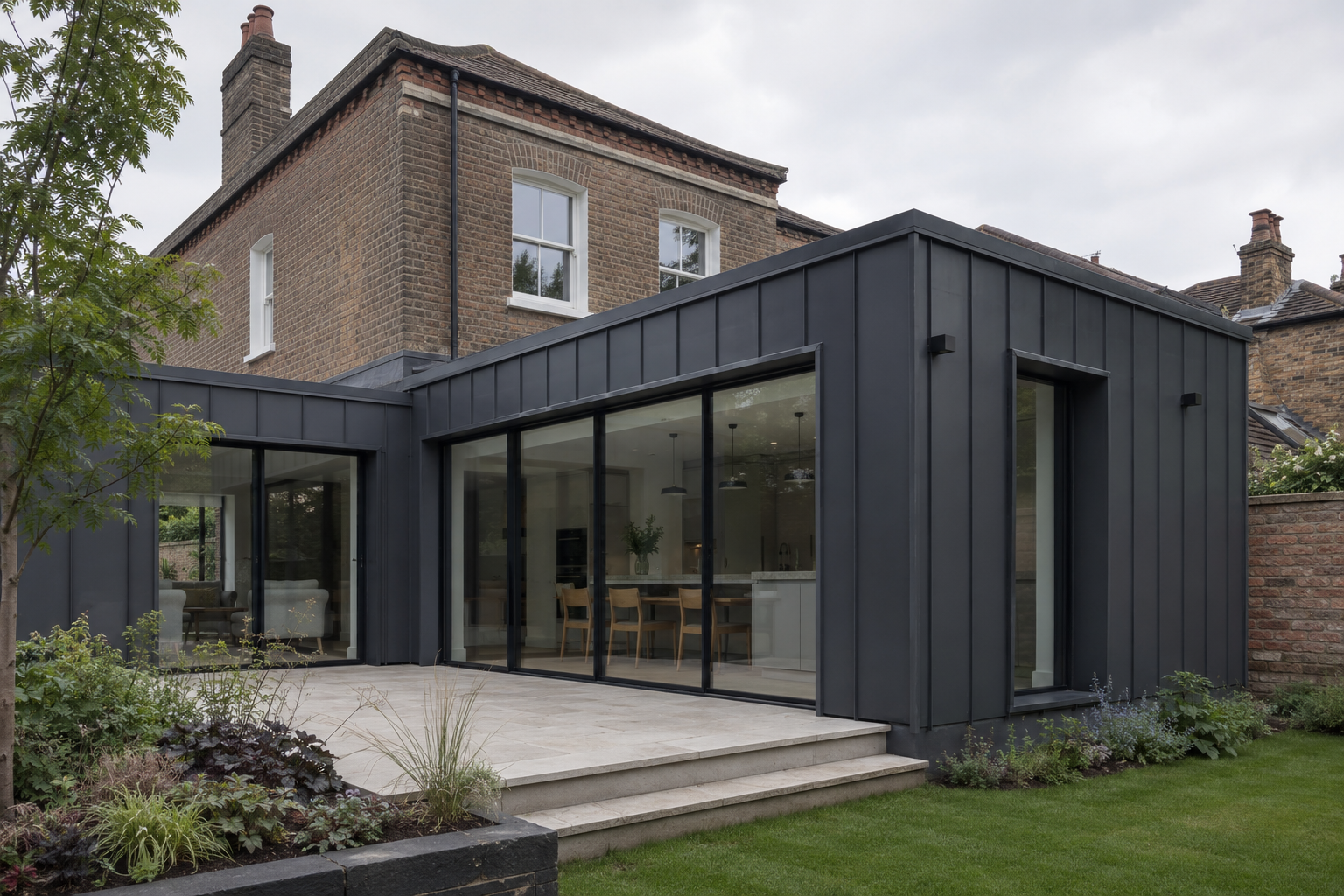 Photorealistic matte charcoal panel rear extension with full-height black-framed glazing beside a traditional brick home