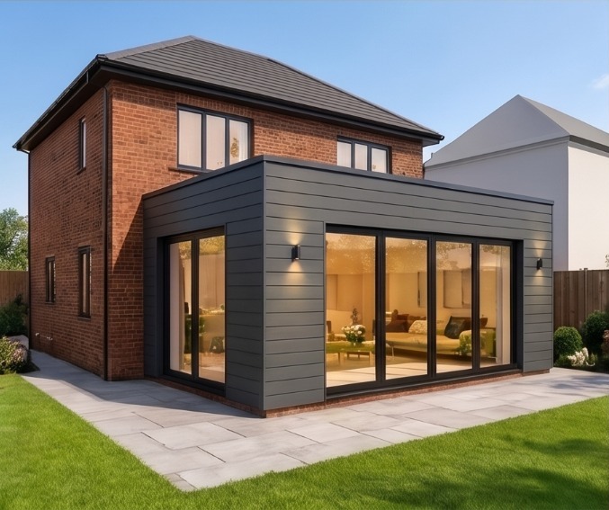 Charcoal-clad flat-roof house extension with full-height black-framed glazing