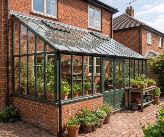 Renovated traditional brick home with a dark framed garden room