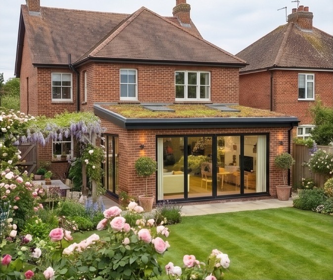 Contemporary brick home design with broad glazing and a planted roof