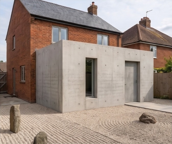 Minimal board-marked concrete extension to a red-brick house with a raked gravel courtyard