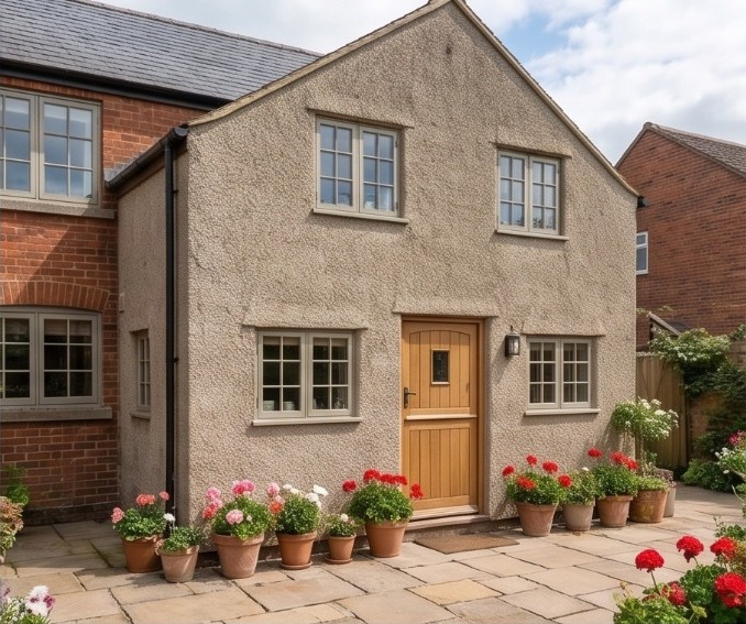 Two-storey rendered side extension with timber door and traditional windows beside a brick house