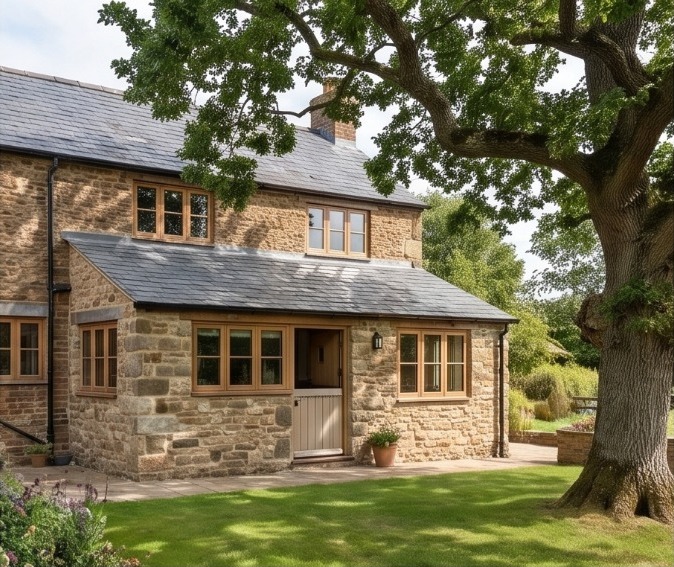 Stone cottage extension beneath a mature tree with timber windows and a slate roof