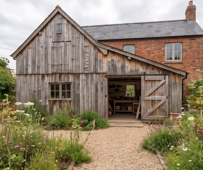 Converted timber outbuilding used as a garden workshop