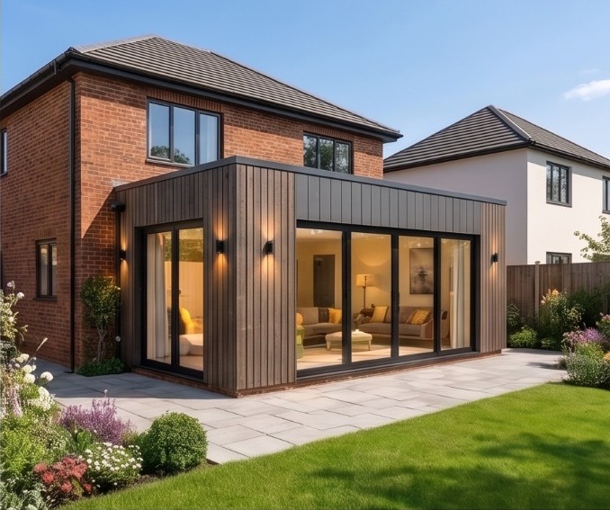 Contemporary dark timber-clad rear extension with large sliding glass doors