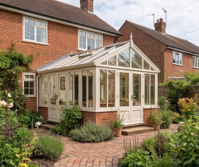 Traditional white glazed conservatory extension to a red-brick house in a planted garden